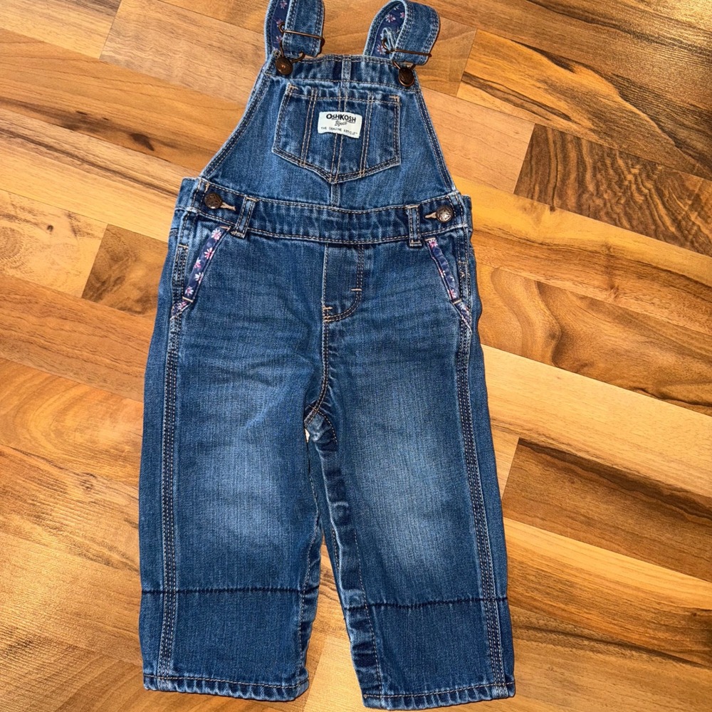 OshKosh Bgosh Baby‎ Girl Denim Overalls Floral Accents vestback farmer 12 months
